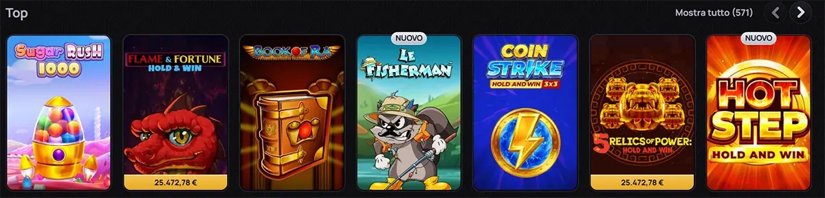 Casino “Top” games section displaying a row of slot thumbnails including Sugar Rush 1000, Flame & Fortune Hold and Win, Book of Ra, Le Fisherman, Coin Strike Hold and Win, 5 Relics of Power, and Hot Step Hold and Win, with colorful designs and some marked as new on a dark interface.