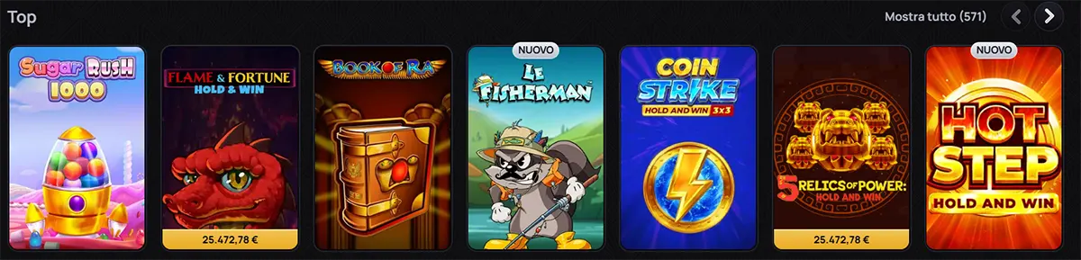 Casino “Top” games section displaying a row of slot thumbnails including Sugar Rush 1000, Flame & Fortune Hold and Win, Book of Ra, Le Fisherman, Coin Strike Hold and Win, 5 Relics of Power, and Hot Step Hold and Win, with colorful designs and some marked as new on a dark interface.