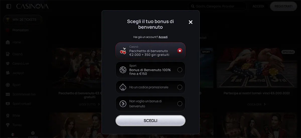 Casino welcome bonus selection popup in Italian with options for a casino welcome package (€2,000 + 350 free spins), a sports bonus up to €150, entering a promo code, or declining the bonus, with a “Choose” button on a dark interface.