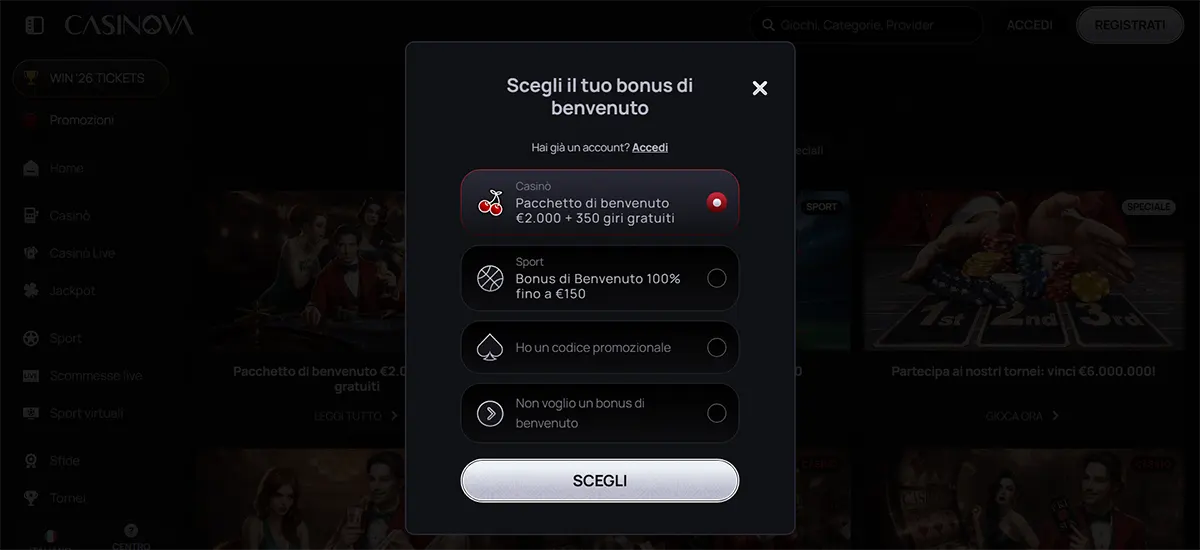 Casino welcome bonus selection popup in Italian with options for a casino welcome package (€2,000 + 350 free spins), a sports bonus up to €150, entering a promo code, or declining the bonus, with a “Choose” button on a dark interface.
